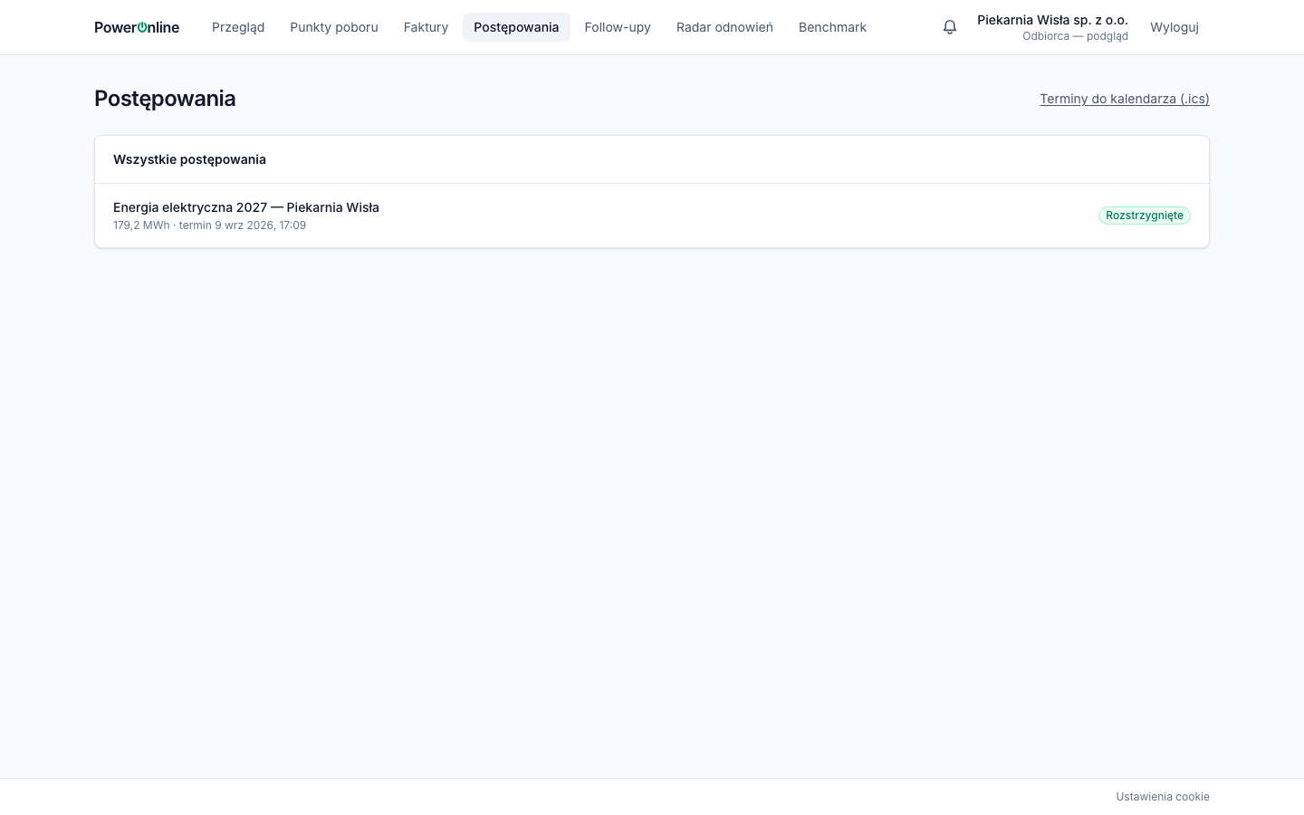 Lista postępowań na koncie „Odbiorca — podgląd” — bez przycisku „Nowe postępowanie”